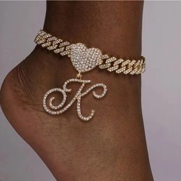 Enkelbanden Mode AZ Cursieve Beginletter Cubaanse Armband Voor Vrouwen 14mm Iced Out Link Chain Enkelbandje Hip Hop sieraden 230614