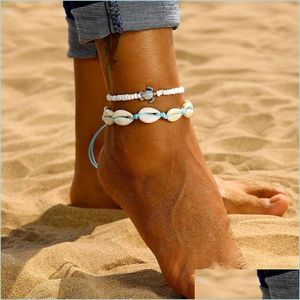 Bracelets De Cheville Mode Bleu Corde Shell Bracelets De Cheville Pour Les Femmes Vintage Perles Tortue Charme Cheville Bohème Bracelets Sur La Jambe Chaîne D'été Plage Juif Dhqxp