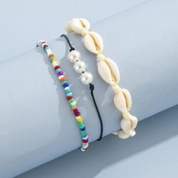 Bracelets de cheville mode bohême vivacité coloré perlé corde corde tissé coquille trois perles artificielles 3 pièces ensemble cheville bijoux pour femmes