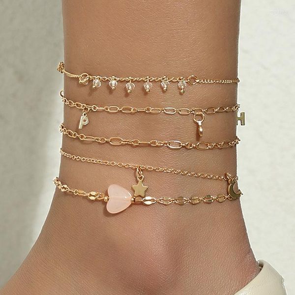 Tobilleras moda Linda estrella Luna tobilleras conjunto para mujer aleación de moda chapado en oro Rosa corazón esperanza pulsera joyería regalos 4 Uds