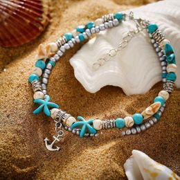 Enklets Fashion Double Anklet Conch Starfish Rice Bead Yoga Beach Boat Anchor Pendant Bracelet