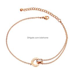 Enkelbanden Mode Dubbele Ringen Zirkoon Enkelbanden Dames Designer Roségoud Romeins Nummer Voetketting Titanium Stalen Sieraden Geschenken Voor Vrouwelijke D Dhnzc