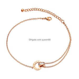 Enkelbanden mode dubbele ringen zirkon enkelbanden vrouwen ontwerper rose goud Romeins nummer voetketen titanium stalen sieraden geschenken voor vrouwelijke d dhzxz