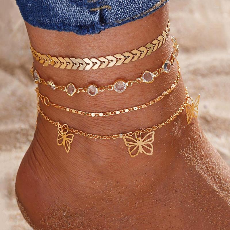 Fußkettchen Mode Goldfarbe Schmetterling Fußkettchen für Frauen Mädchen Perlen Mehrschichtiger Strandfußarmbänder Vintage Jewelry Geschenk