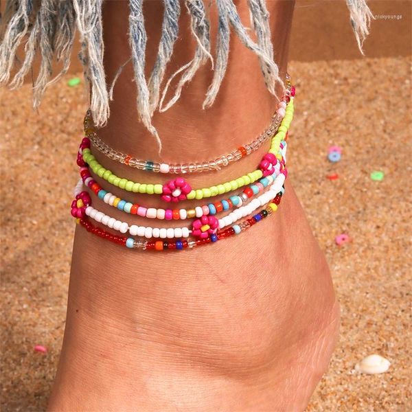 Tobilleras de moda hechas a mano con cuentas de flores para mujer, pulsera de tobillo de playa de verano, cadena para pierna y pie, regalos de joyería para vacaciones