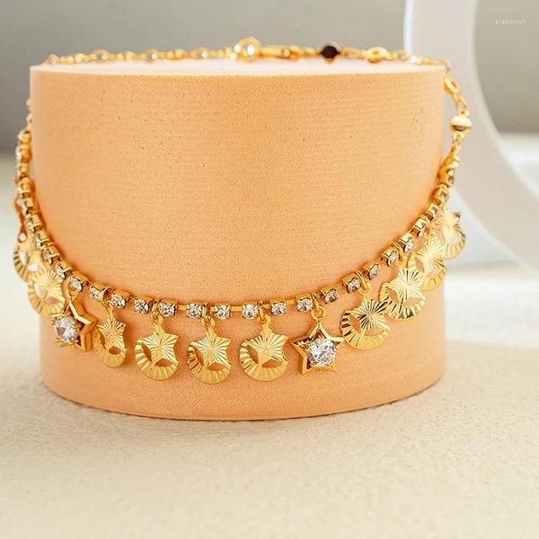 Tobilleras Joyería de moda para mujer Micro incrustaciones Zircon Estrella Luna Colgante 24k Chapado en oro Temperamento simple Tobillera