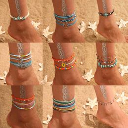 Fußkettchen Mode Mehrschichtige Kristallperlen Set Für Frauen Bunte Stein Shell Kette Fußkettchen Strand Fuß Verstellbares Armband Schmuck