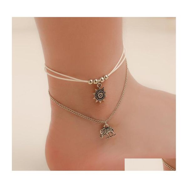 Bracelets De Cheville Personnalité De La Mode Rétro Modèles Féminins En Couches Soleil Fleur Éléphant Pendentif Corde Chaîne Pied Cheville Nanashop Drop Delivery Juif Dhnhj