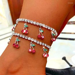 Enklets Fashion Red Cherry Tassel Tennis Chain Anklet for Women Shiny Crystal Zirkon Fruit Pendant Enkle Bracelet 2023 Beach Jewelry