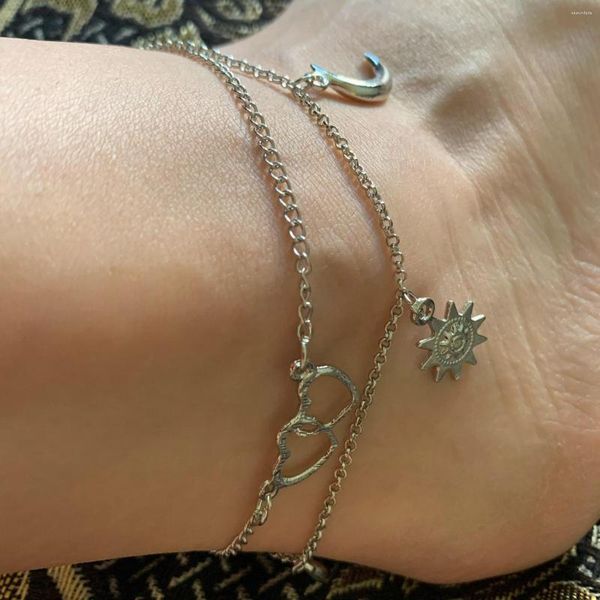 Bracelets de cheville mode chaîne en argent Double coeur lune soleil pour femmes Bracelets été pieds nus sandales Design bijoux cheville