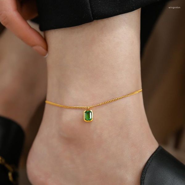 Bracelets de cheville mode Simple plaqué or carré vert cristal pour femmes rétro luxe titane acier cheville Bracelet bijoux accessoires