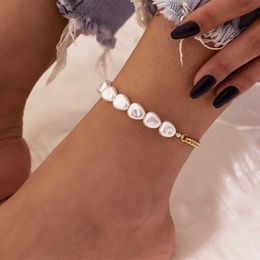 Enkelbanden mode stiksels eenvoudige onregelmatige witte imitatie Pearl Anklet Beads Summer Beach Vacation Enklet Foot Show Keten Sieraden 1pc G220519