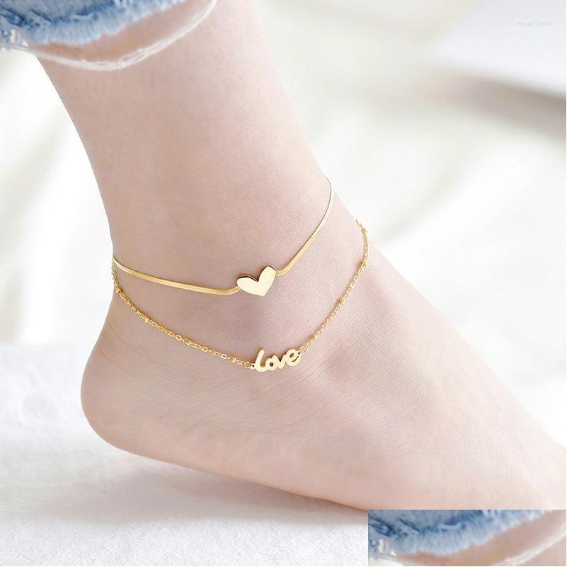 Anklets Fashion Titanium Steel Does Not Fade Gold-Plated Double-Layer Anklet Female Ins Cold And Windy Love Drop Delivery Dhvfs