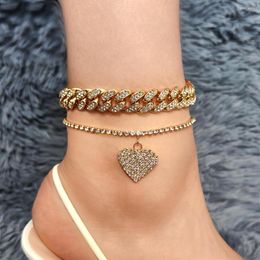 Enkelbanden flatfoosie 2 stks bling iced out heart cuban ketting set voor vrouwen hiphop verharde strass link enkel armband voet sieraden