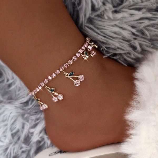 Bracelets de cheville Flatfoosie bohème rose cerise pour femmes mode strass Tennis chaîne été plage cheville Bracelet pieds nus bijoux