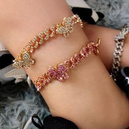 Bracelets de cheville Flatfoosie Hip Hop glacé papillon cristal cubain lien chaîne pour femmes Bling strass cheville Bracelet pied bijoux