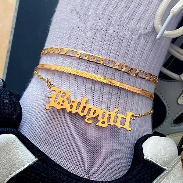 Tobilleras Flatfoosie Punk Golden Babygirl Letter para mujeres Multi Layer Metal Link Chain Tobillo Pulsera Boho Beach Descalzo Jewelry