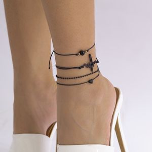 Bracelets de cheville pour femmes, vague noire, bijoux à la mode, Style bohémien, plage d'été, pendentif pompon, chaîne de pied, couleur or argent, 1 pièce