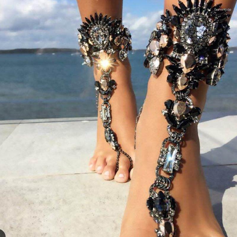 Anklets för kvinnor Boho smycken överdriven strandlegering inlagd ädelsten ankel kedja cheville semester gåva
