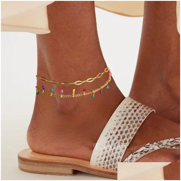 Gichets pour femmes accessoires de plage d'été 14K 14 carats de la chaîne de perle en or jaune bracelets de jambe de couleur dorée