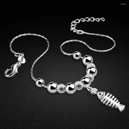 Enkelbanden Grappige Sieraden Leuke Fishbone XD Hanger 925 Sterling Zilveren Kralen Ketting Enkelband Vrouwen Strand Voet Armband Enkelbandjes Gift