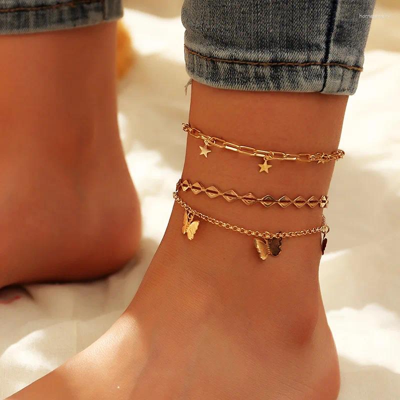 Anklets Gifts Jewelry Cuban Chain Gold Plated Female Stainless Steel Women's Accessories Ins Style 3pc Anklet For Girl