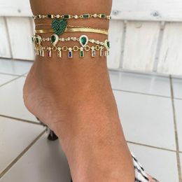 Anklets Gold Ploated Green Rainbow RectangleCubic Zirconia Charm Geometric CZ Tennis Chain Summer Beach Anklet For Women 230820
