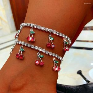 Bracelets de cheville or argent couleur cerise cheville strass cristal cheville Boho plage pour femmes sandales pied Bracelets femme bijoux Marc22