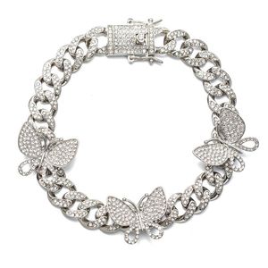 Bracelets de cheville or blanc couleur filature papillon cheville pour femmes filles 12MM glacé strass rempli chaîne Punk hip-hop cheville Bracelet