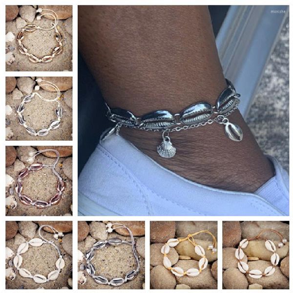 Tobilleras hechas a mano concha de cuero bohemio tejido Natural pie joyería regalos Color dorado mujeres hombres verano playa pulsera tobillo