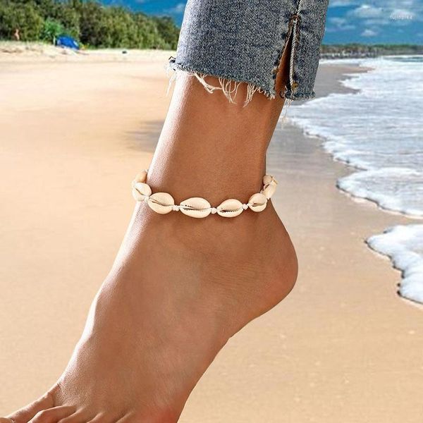 Bracelets de cheville faits à la main fil de cire tissé coquilles taille réglable Bracelet cheville pour femmes été plage sandales bride à la cheville bohème accessoires