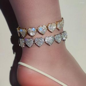 Bracelets de cheville Hip Hop Bling coeur pavé strass cubain pour les femmes or argent couleur cristal lien chaîne Bracelet de cheville bijoux de plage