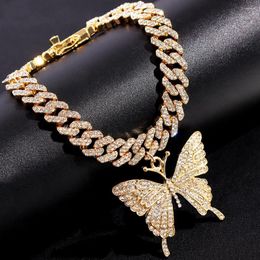 Enkelbanden Hip Hop Vol Strass Verharde Vlinder Hanger Enkelband Armband Voor Vrouwen Bling Iced Out Cubaanse Link Chain Strand Sieraden