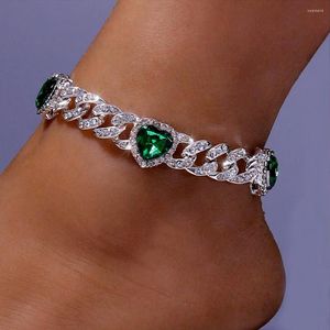 Bracelets de cheville Hip Hop Mimai coeur vert cheville baguette chaîne lien cubain strass pieds nus luxe Bling femmes bijoux 2023 vente en gros