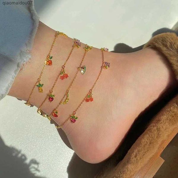 Tobilleras Moda novedosa Pulsera de frutas de colores dulces Manzana Fresa Cereza Uva Melocotón Oro Plata Cadena PulseraL2403