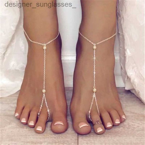 Bracelets de cheville Bracelet multicouche chaud chaîne en métal perle bleu pierre pendentif cheville sandales pieds nus plage pied bijoux de mariée en gros J019L231116