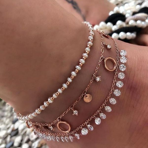 HuaTang 3 pièces Boho brillant cristal Bracelet de cheville multicouche paillettes brin perle élastique chaîne de pied pour les femmes bijoux de plage 8616