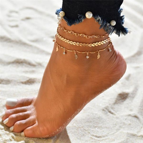 Tobilleras Huitan Set Cadenas para mujeres Estilo de metal Moda Versátil Accesorios descalzos Pierna Mariposa Verano Playa Joyería