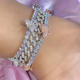 Anklets Iced Out Bling Clear 5a Cubic Zirkon Wit roze CZ Butterfly 5mm Tennis Chain Charm Anklet For Women Summer Beach Styles Sieraden 230820