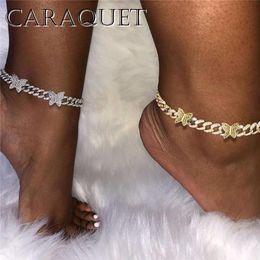 Ankjes ijskoud Cubaanse link ketting vlinder kristallen anklett vrouwelijke bling strass voeten mode mode op blote voeten sandalen strand sieraden
