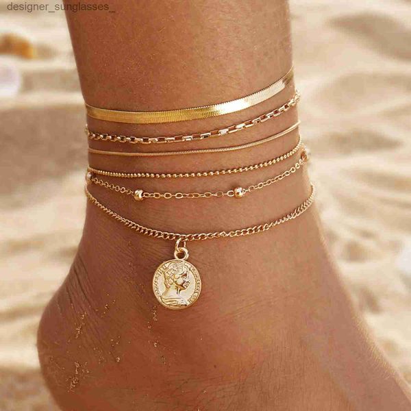 Bracelets de cheville IPARAM 6 pièces chaînes multicouche métal cheville pour femmes perle pièce pendentif cheville Bracelet sur jambe pied mode bijoux cadeaux L231116