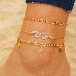 Bracelets de cheville IPARAM tendance couleur or chaîne cheville pour femmes cristal serpent pentagramme pendentif bohême ensemble bijoux de mode cadeaux