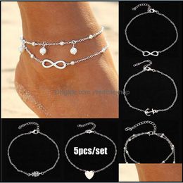 Joyas de tobilleros 5 PC/set Sier Gold Beach Plazet Hamsa Hand Infinity Love Heart Anklet Summer Holiday Foot Cadena Drop entrega 2021 BA