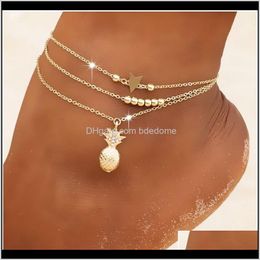 Bracelets de cheville bijoux livraison directe 2021 ensembles de cheville 3 pièces/ensemble perle étoile charme pin pendentif acrylique réglage Sier couleur or plaqué chaîne en métal Vwtla