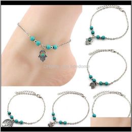 Bracelets de cheville bijoux livraison directe 2021 charme main arbre croix ronde pendentif bleu perle Sier couleur plaqué chaîne en métal pour les femmes pied cheville Gilft Un