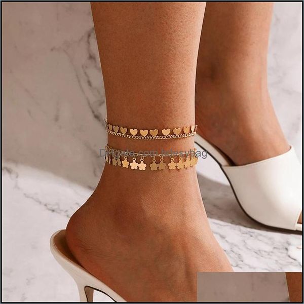 Bracelets de cheville bijoux belle coeur gland pour les femmes jolies fleurs or alliage métal pieds réglables chaîne 2 pièces/ensembles livraison directe 2021 X9Bgs