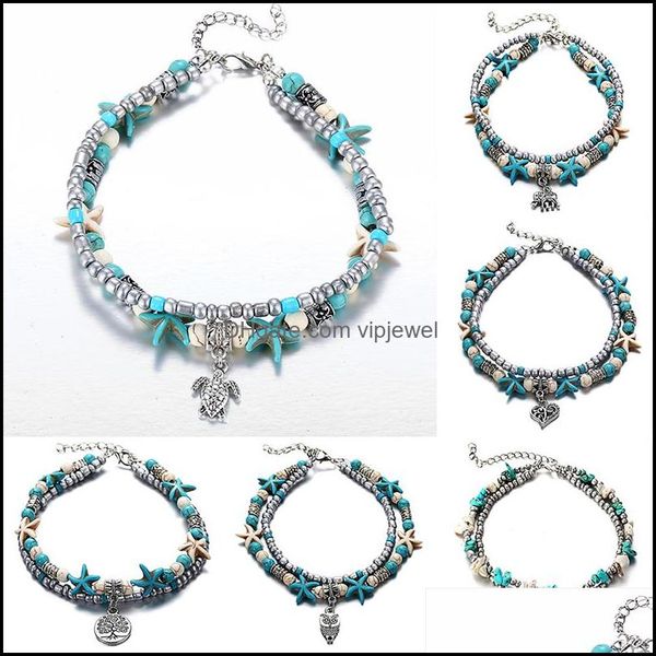 Tobilleras Joyas Nuevo Bohemio Turquesa Pulseras Retro Elefante Tortuga Estrella de mar Árbol de la vida Búho Corazón Mujeres Playa Cadena de pie para damas Dro