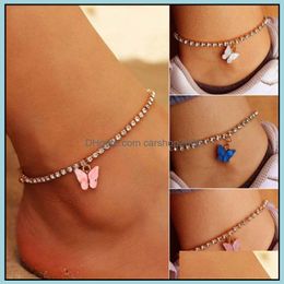 Bracelets de cheville Bijoux Doux Mignon Papillon Cheville Strass Cristal Cheville Bracelet Boho Plage Acrylique Pour Femmes Sandales Pied Bracelets Drop Deliv