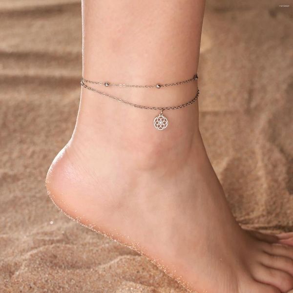 Anklets Kkjoy Fashion Acero inoxidable Gold/Sivler Doulbe Capa Hollowed Six Petal Flowers Anklet For Women Jewelry Gift Bylesale