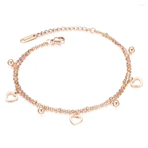 Chevilles kongmoon plusieurs perles de coeur charme double chaîne rose gold galets bijoux bijoux en acier inoxydable bracelet de cheville réglable